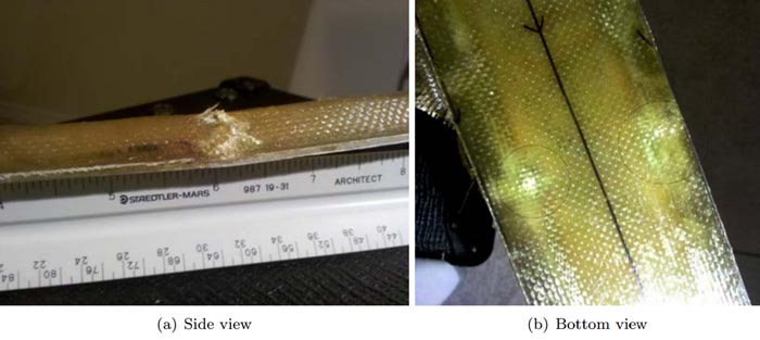 Figure 6. Failure after repair, including two damaged points on the lower surface.